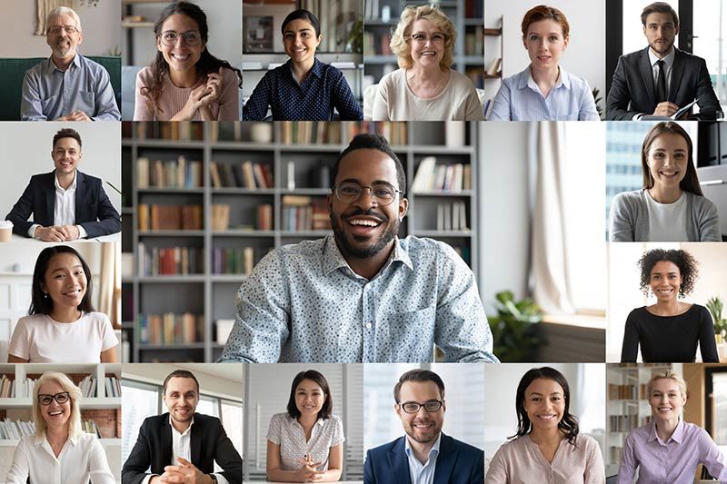 How CX decision-makers can collaborate to go the distance to cross the customer journey finish line first - Many portraits faces of diverse young and aged people webcam view.