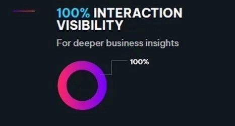 Graphic showing "100% Interaction Visibility" with a circular progress indicator at 100%, emphasizing deeper business insights.