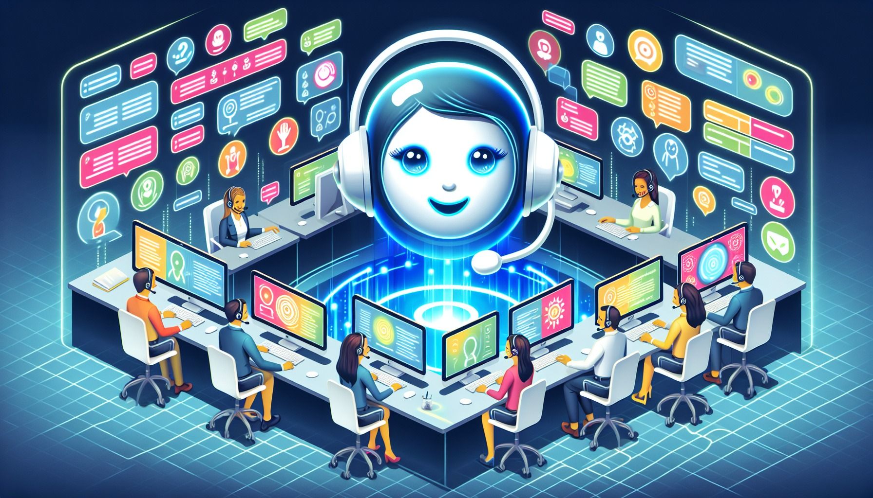 A conceptual illustration of AI assisting customer service agents to enhance customer experience.
