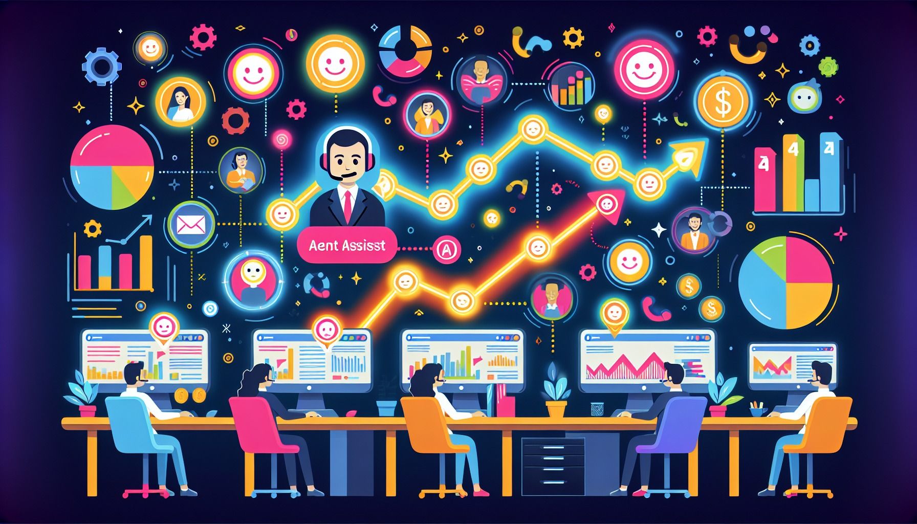 An illustration depicting the benefits of implementing AI agent assist tools in customer service.