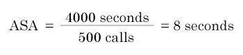 ASA is equal to 4000 seconds divided by 500 calls. ASA is equal to 8 seconds
