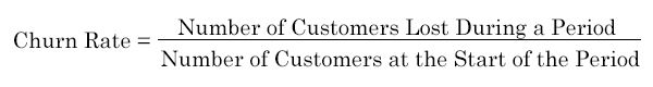 Churn Rate is equal to Number of Customers Lost During a Period divided by Number of Customers at the Start of the Period times 100