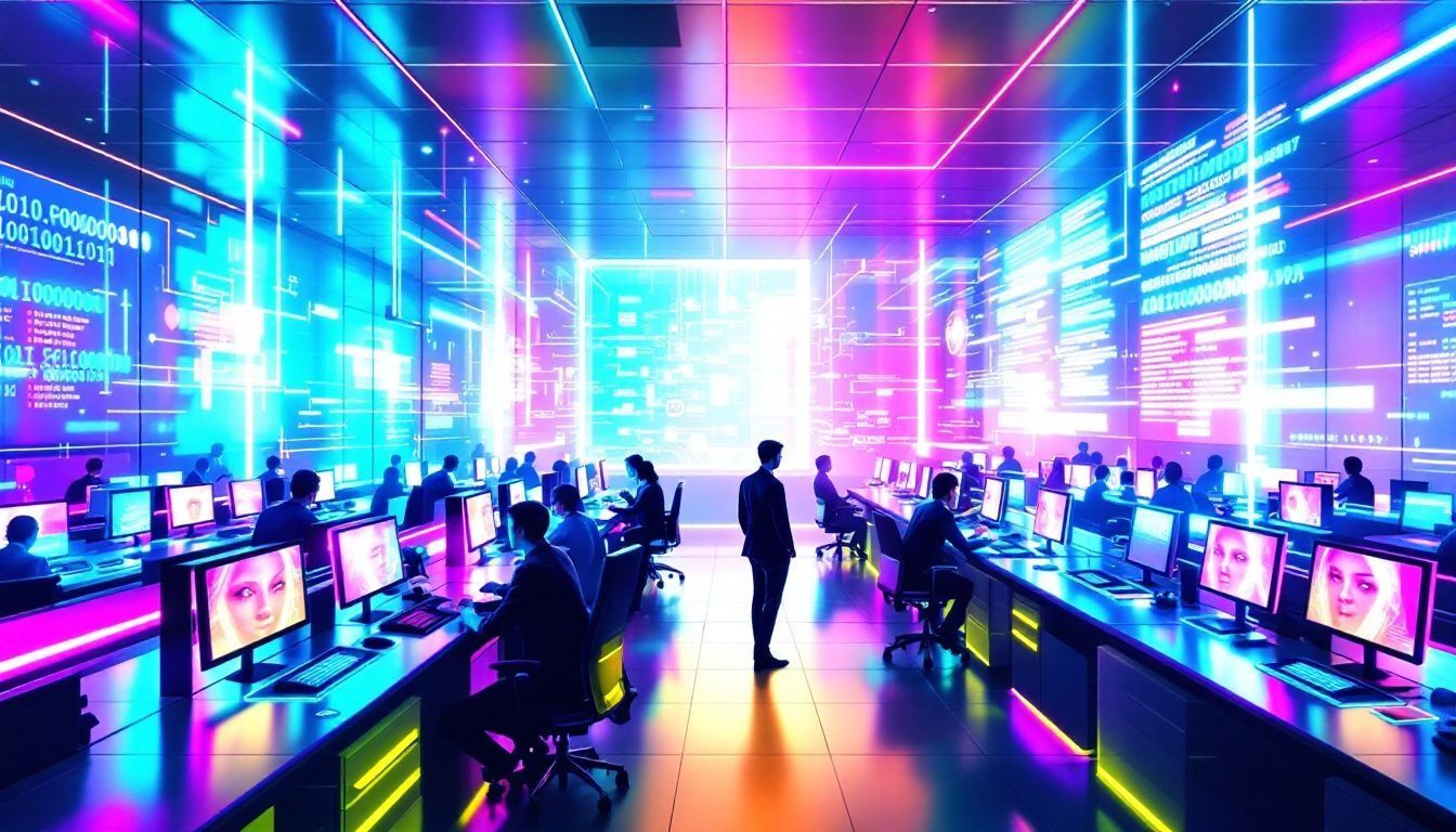 An illustration depicting the rise of AI in call centers, showcasing advanced technology.