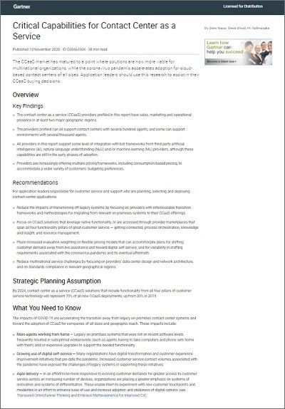 Gartner Critical Capabilities for Contact Centers as a Service