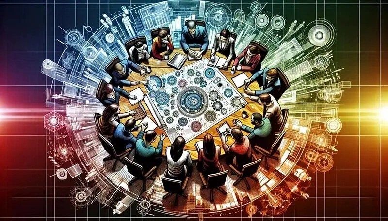 Illustration of a team working together to achieve organizational goals