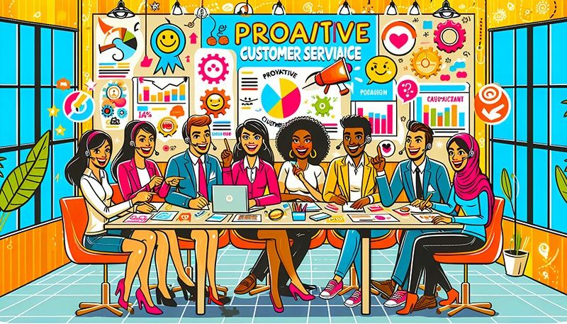 A cartoon illustrating strategies for implementing proactive customer service, showcasing a customer support team in action.