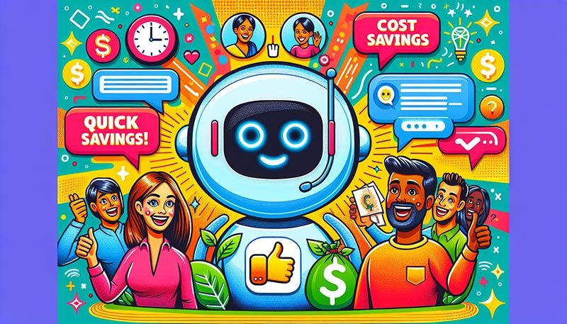 A cartoon showcasing the key advantages of AI chatbots in self service.