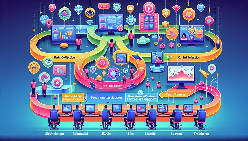 A diagram showing the implementation process of predictive customer support in businesses.