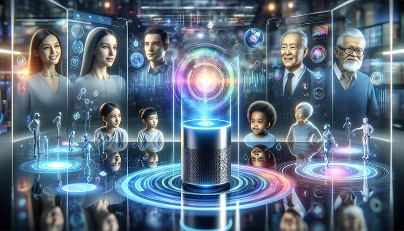 A futuristic illustration representing future trends in AI voice assistants for customer experience.