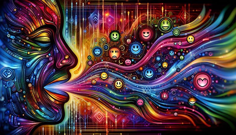 An artistic representation of the mechanics behind voice emotion detection, highlighting speech signals and emotional cues.