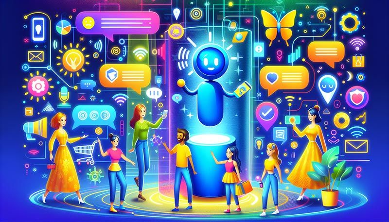 An illustration depicting various AI voice assistants transforming customer experience.