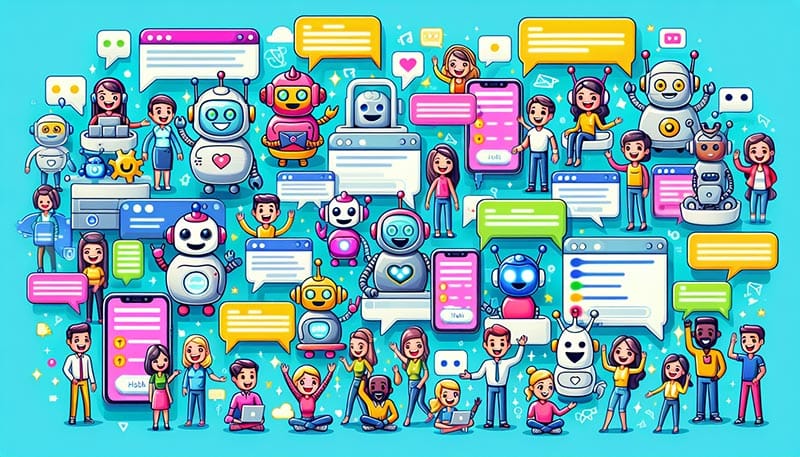 An illustration of intelligent customer service chatbots interacting with customers.