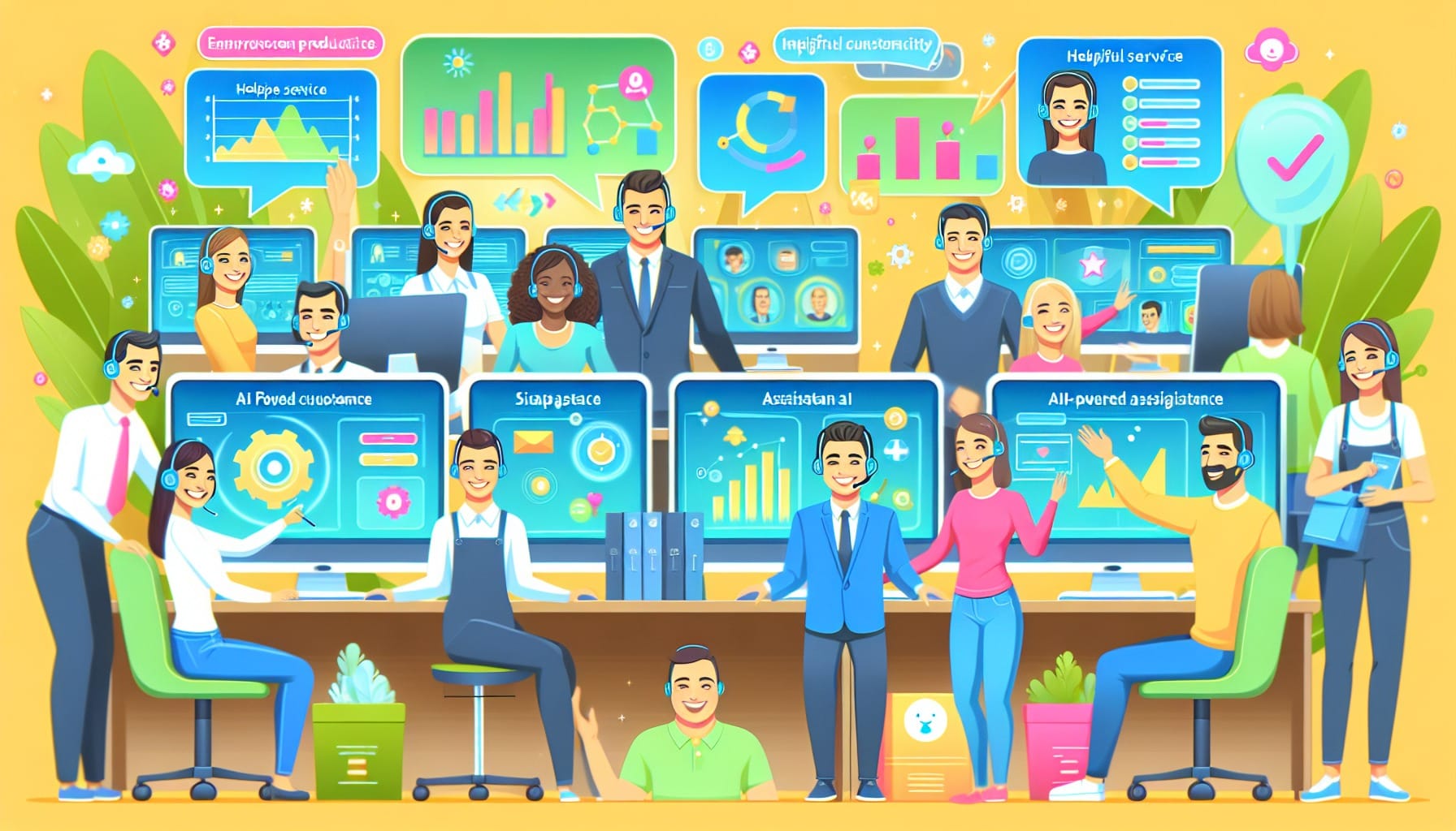 Cartoon showing benefits of implementing AI agent assist tools for agents.