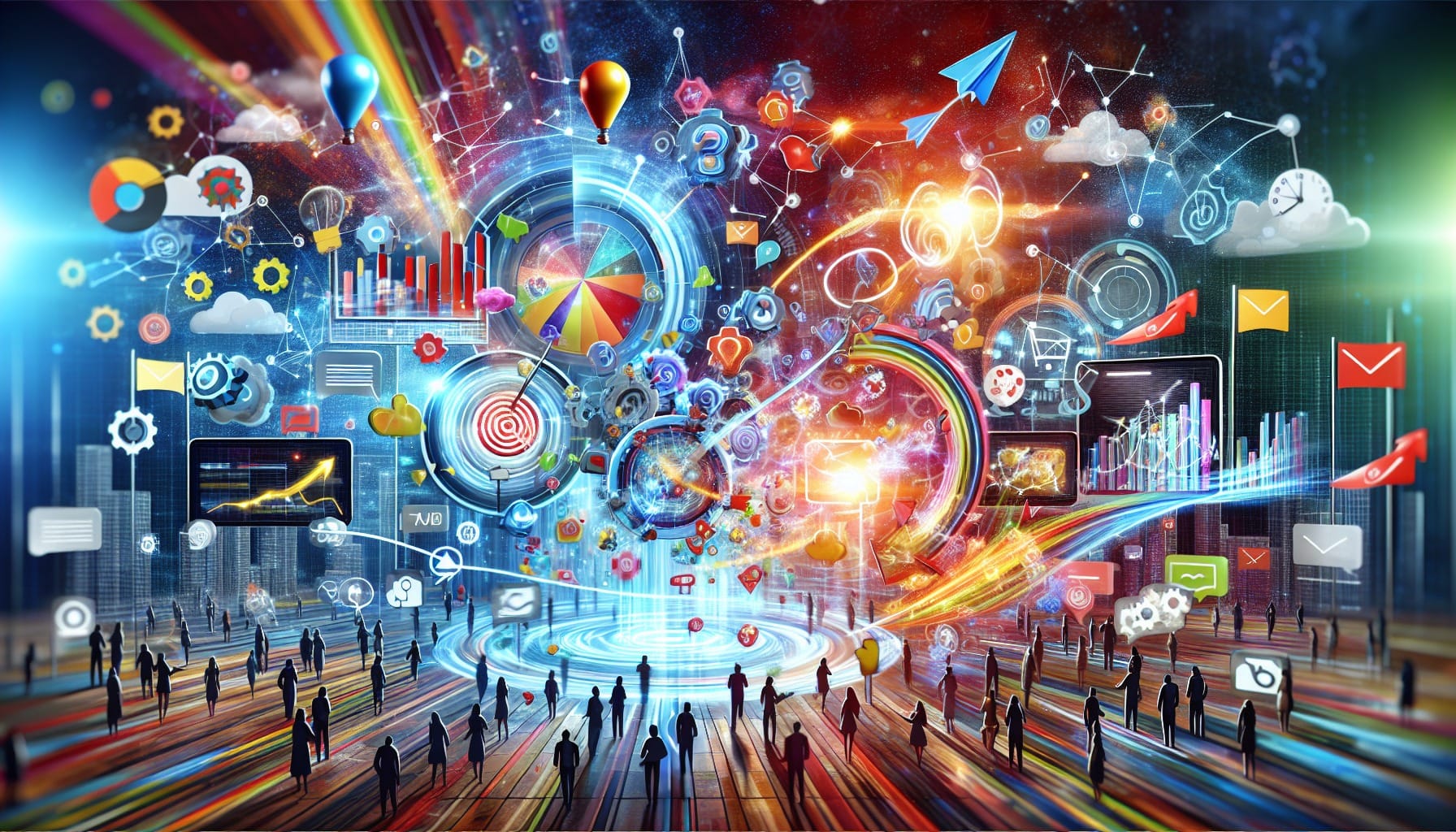 An artistic depiction of practical applications of real-time customer insights in marketing.