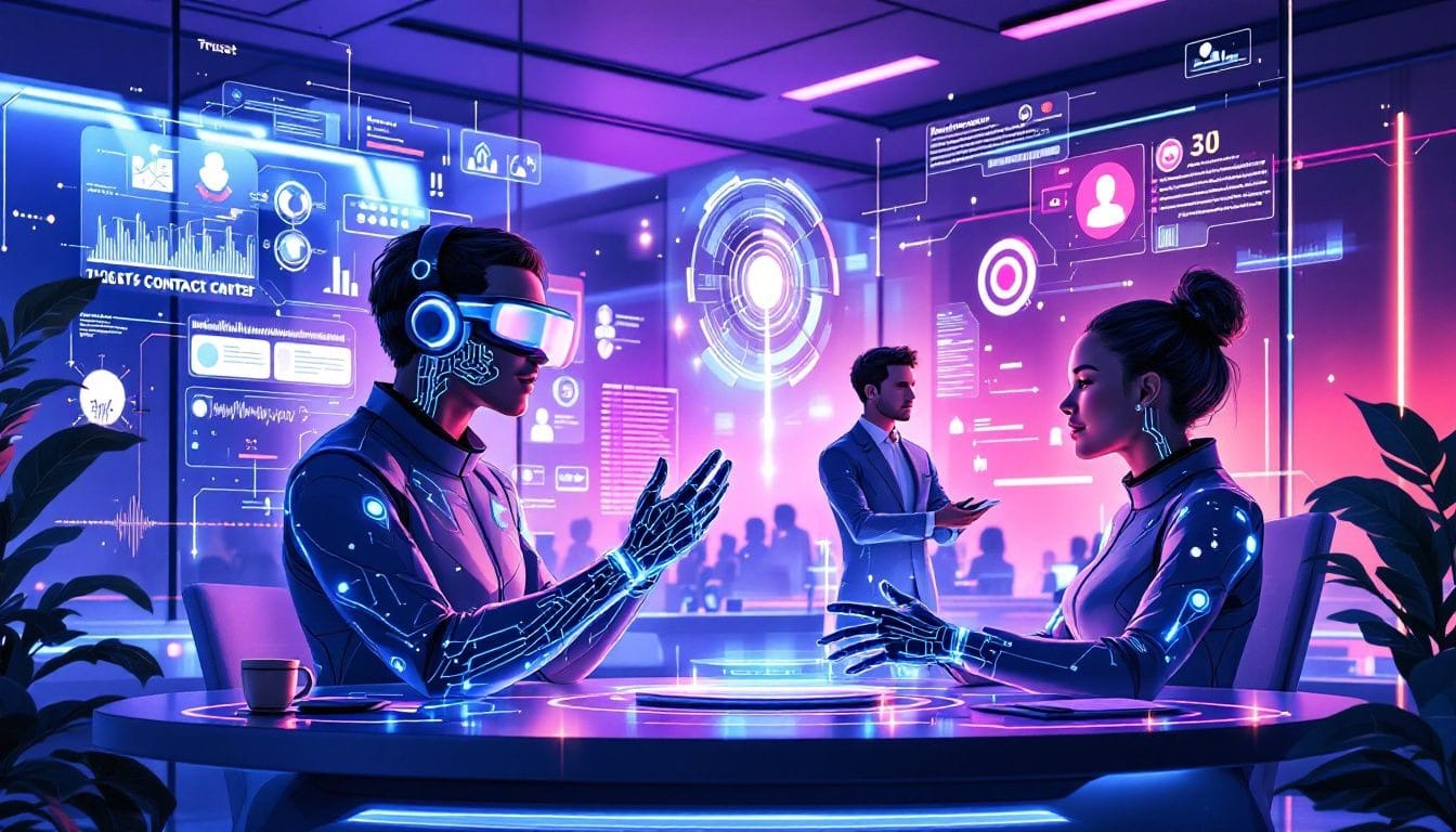 An illustration of AI contact center solutions in action, showcasing virtual agents interacting with customers.