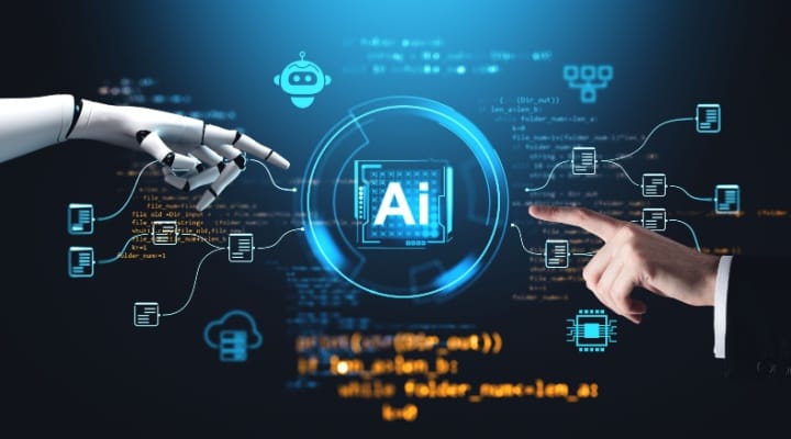 Robot and human hands reaching toward AI hologram on digital tech background