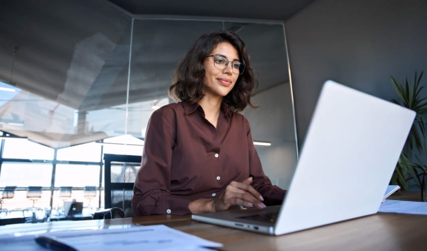 woman using computer technology app for work online