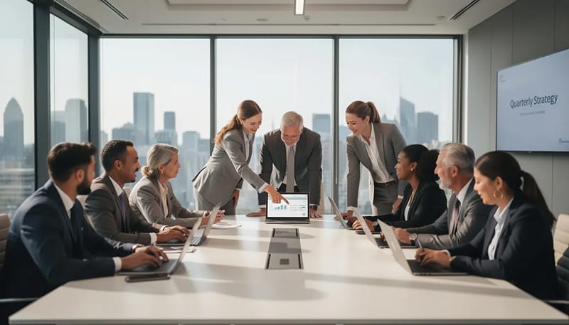 The image depicts a group of diverse business professionals collaborating around a conference table, each engaged with their laptops, showcasing a dynamic environment for executing complex workflows and enhancing business processes. This scene emphasizes the importance of multi-agent collaboration and the integration of intelligent AI agents in modern enterprise systems.