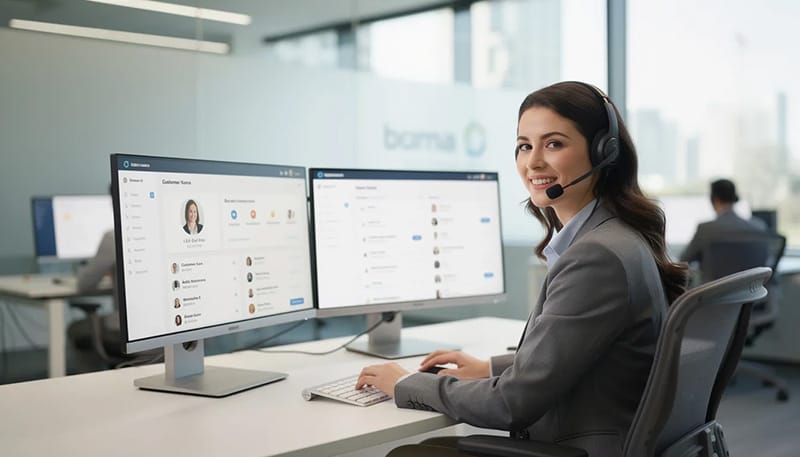 The image depicts a professional customer service representative seated at a modern desk equipped with multiple screens displaying customer information, showcasing the use of intelligent AI agents to enhance service management and streamline complex workflows. The setup illustrates how agentic AI systems can facilitate efficient task execution with minimal human intervention.