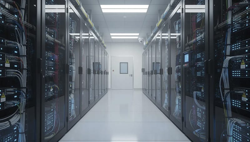 The image depicts a secure server room with neatly organized cables, symbolizing enterprise data security and the effective management of complex workflows. This environment showcases the importance of robust ai systems and autonomous agents in ensuring data integrity and operational efficiency within business processes.